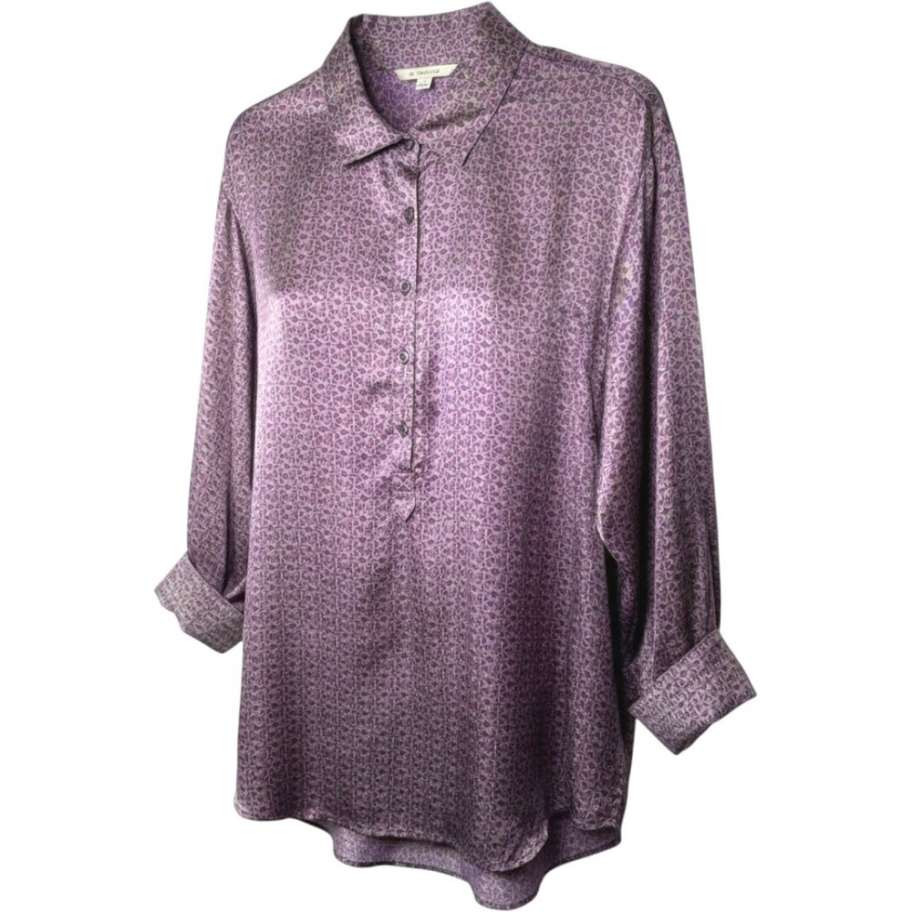 CAbi 100% Silk Blouse Purple Geometric Oversized Button Shirt Women L Top Collar